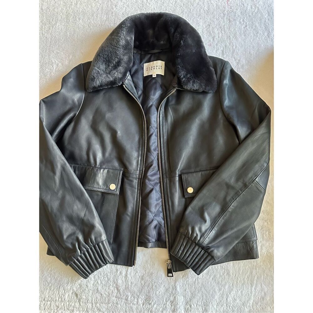 Claudie Pierlot leather bomber jacket w/ faux fur collar 40 L